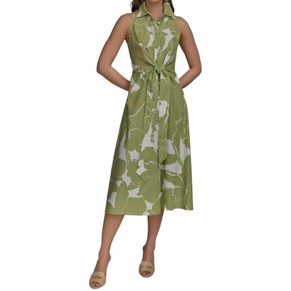 NEW DONNA KARAN printed linen blend shirt dress in green - Picture 2 of 6